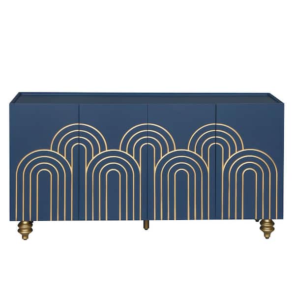 59.8 in. W x 15.8 in. D x 32 in. H Navy Blue Linen Cabinet with Strict Lines, 4 Doors, Adjustable Shelves