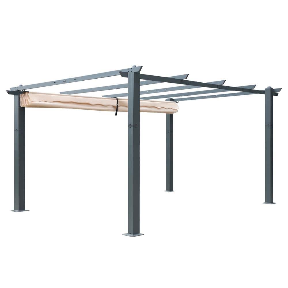 10x10 Beige Aluminum Patio Pergola with Retractable Canopy
