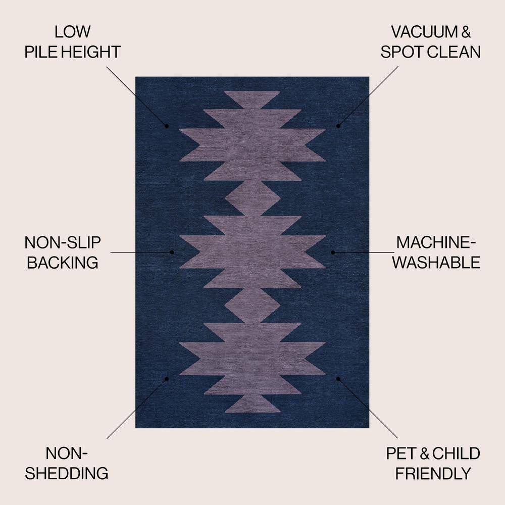Navy and Purple Geometric Chenille 4' x 6' Washable Rug