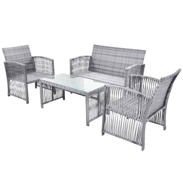 Gray 4 Piece Wicker Metal Rectangular, Leisure Zone Outdoor Furniture