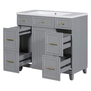 36 in. Grey Shaker Storage Solid Wood Cabinet Combo Set Freestanding Bathroom Vanity with White Sink Top, Drawer
