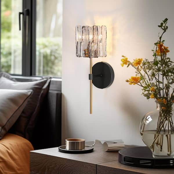 LNC Matte Black 1-Light Modern Glam Wall Sconce Brass Accents with Square Gray Textured Glass Shade for Bathroom, Bedroom