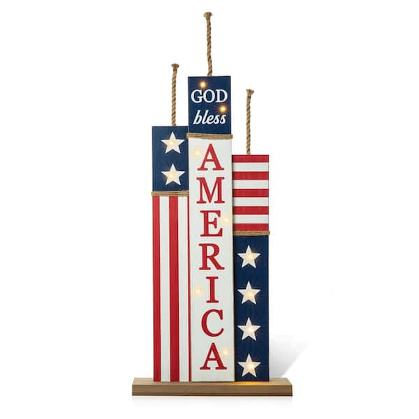 Glitzhome 36.25 in. H Lighted Wooden Patriotic Firecracker Porch Decor