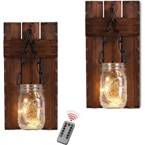 Farmhouse Wall Candle Sconces Decor, Rustic Wall Decor, Wall Candle Holder Hanging Decor with Lights, Brown (Set of 2)