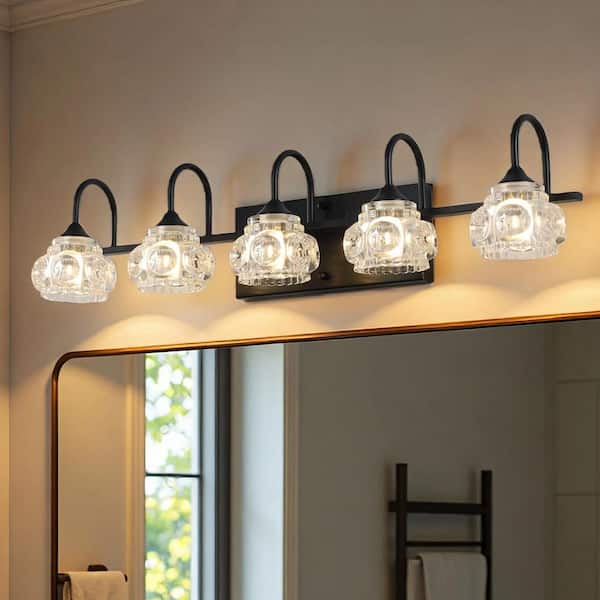 29 in. 5-Light Matte Black and Metal Vanity Light with Clear Glass Shades for Bathroom (Bulbs Not Included)