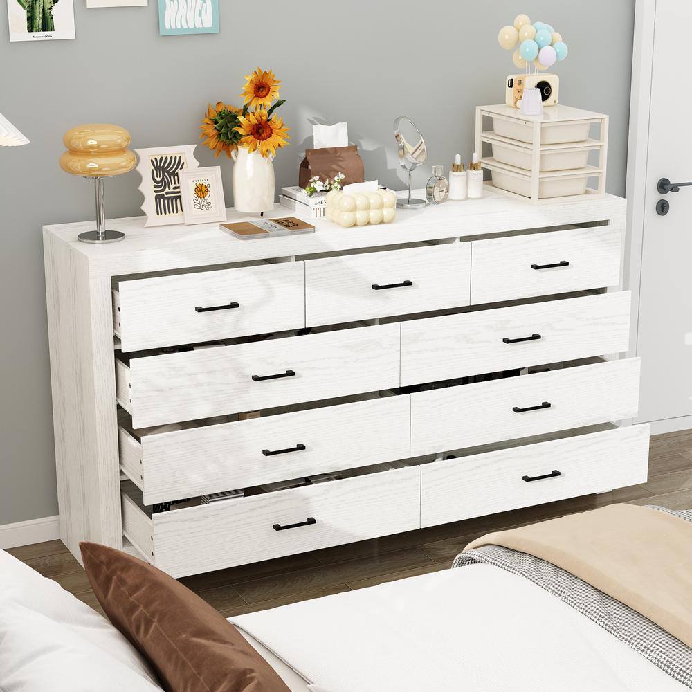 White Wood Grain 63 in. W Wooden Dresser, Chest of Drawers, Sideboard with 9-Drawers without Mirror - thumbnail 3