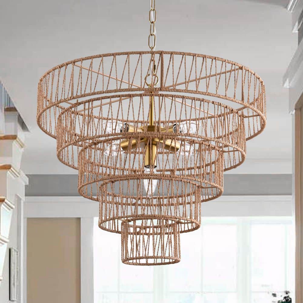 5-Light 21 in. Wood Rattan Farmhouse Tiered Dimmable Chandeliers Dining Kitchen Ceiling Lights Foyer Bedroom Lighting price history on PriceWatchPro