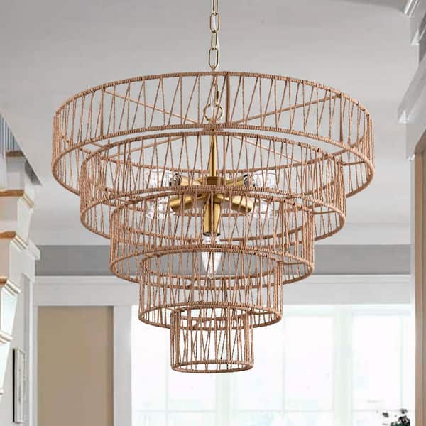 Maxax 5-Light 21 in. Wood Rattan Farmhouse Tiered Dimmable Chandeliers Dining Kitchen Ceiling Lights Foyer Bedroom Lighting