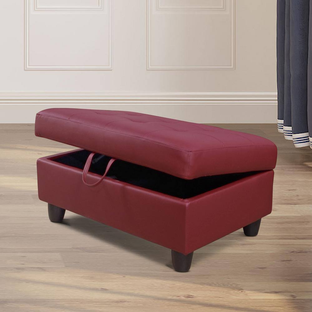 34 in. W Red Faux Leather Rectangle Ottoman with Storage