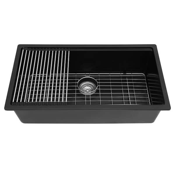 Modland Loile 33 in. L Undermount Single Bowl Black Granite Composite Kitchen Sink with Grid, Strainer, Rack and Cutting Board