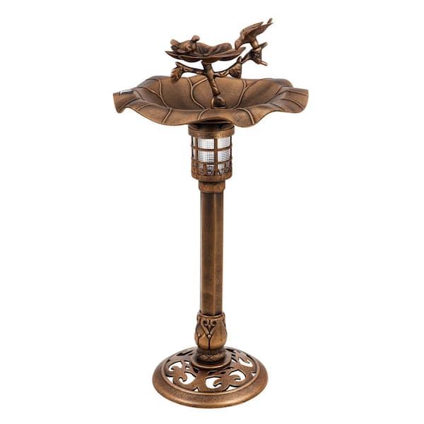 Evergreen Bird on Branch Gold Finish Solar Plastic Birdbath