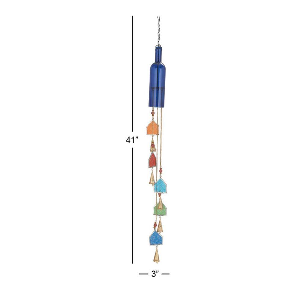 41-Inch Blue Glass Bottle Wind Chime with Beads and Bells