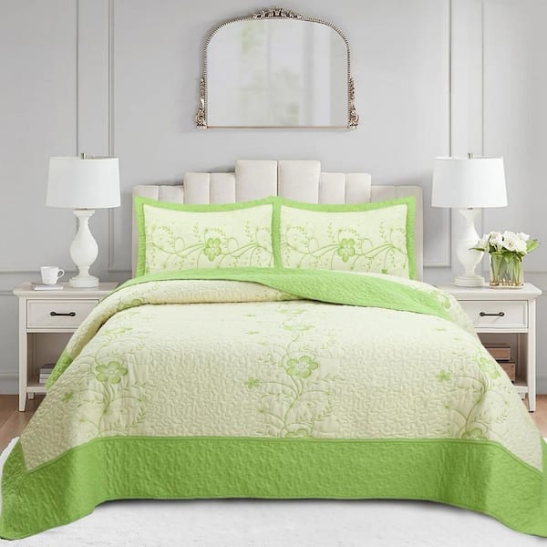 MarCielo 521 Green Flower Embroidery Queen Size Polyester Quilt Bedspreads Set