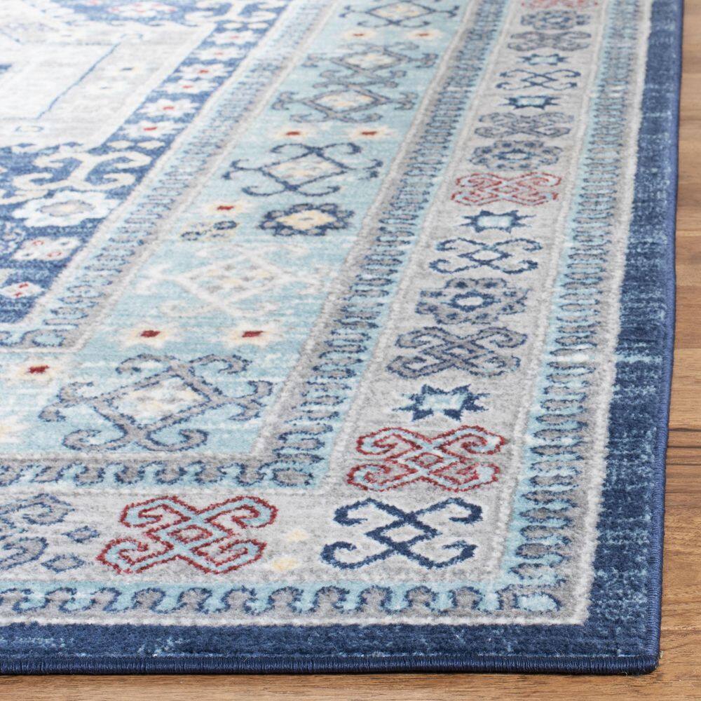 Blue and Cream Geometric Synthetic Runner Rug 2' x 8'
