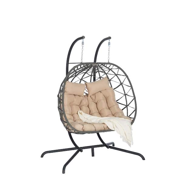 Unbranded 2 Person Dark Gray Rattan Wicker Outdoor Porch Swing, Hanging Chair with Khaki Cushions, Patio Egg Chair