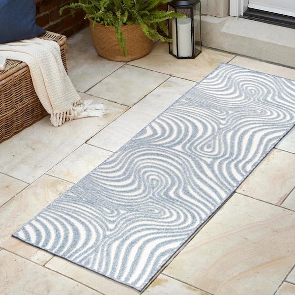 Maribo High-Low Abstract Groovy Striped Light Blue/Ivory 2 ft. x 8 ft. Indoor/Outdoor Runner Rug