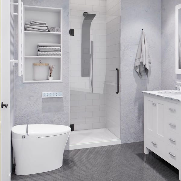 Fellow Series 24 in. by 72 in. Frameless Hinged Shower Door in Gunmetal with Clear Tempered Glass and Tsunami Guard
