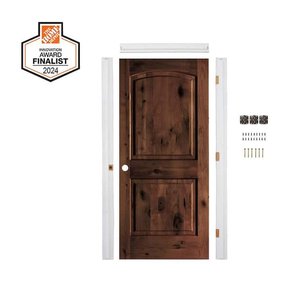 DIY 30 in. x 80 in. Alder Right-Hand Top Arch Red Mahogany Stain Wood Single Interior Door Kit Plus Quick Assemble Jamb