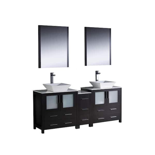 Fresca Torino 72 in. Double Vanity in Espresso with Glass Stone Vanity Top in White with White Basins and Mirrors