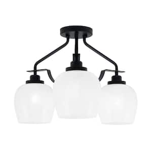 Zara 16.5 in. 3-Light Matte Black Semi-Flush with 6 in. White Marble Glass Shades No Bulbs Included