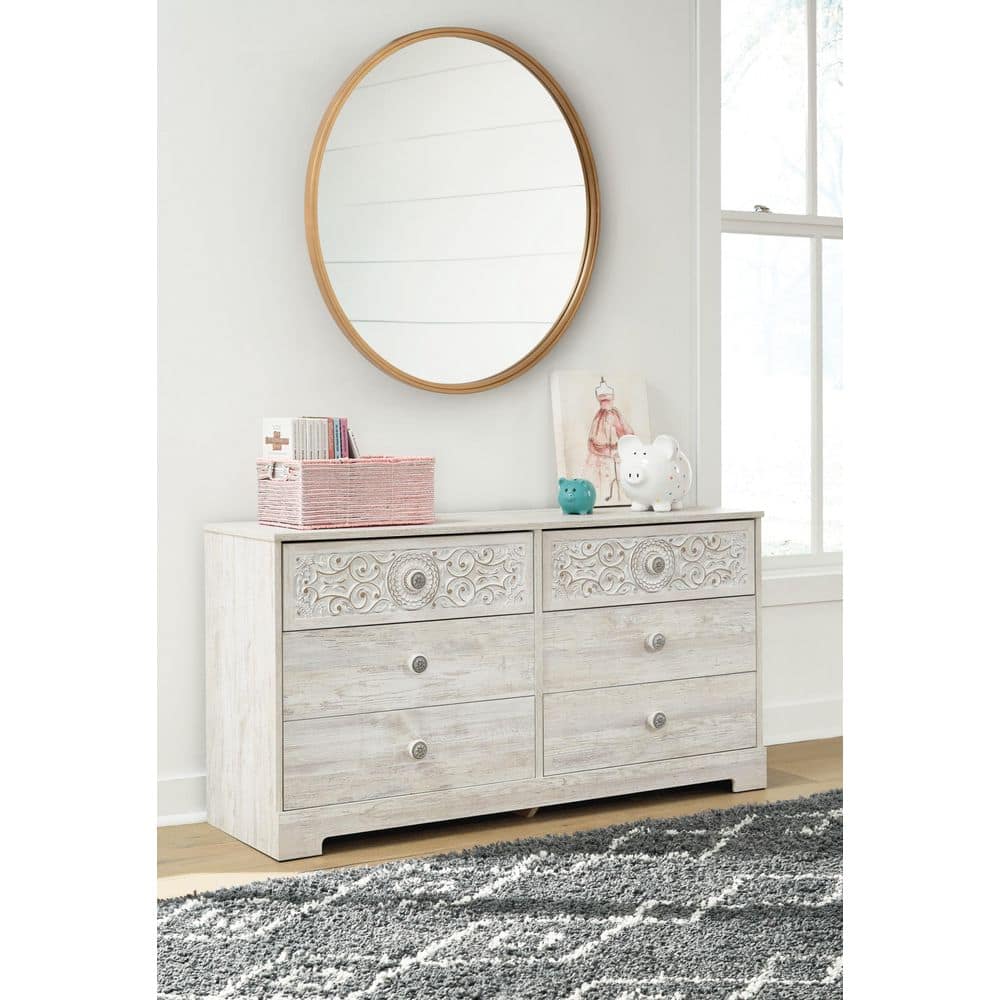 Whitewash Bohemian 6-Drawer Dresser with Medallion Pulls