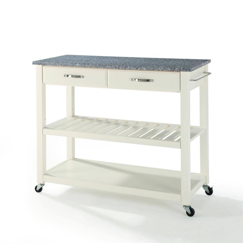 White Granite Top Kitchen Cart with Wine Rack and Storage