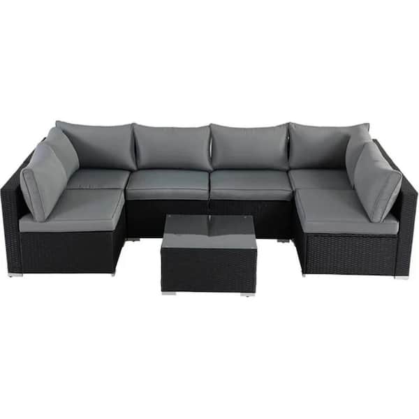 ESSENTIAL LOUNGER 7-Piece Wicker Patio Conversation Set with Gray Cushions