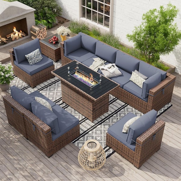 10-Piece Brown Wicker Outdoor Sectional Set with Fire Pit Table, Coffee Table and Gray Cushions
