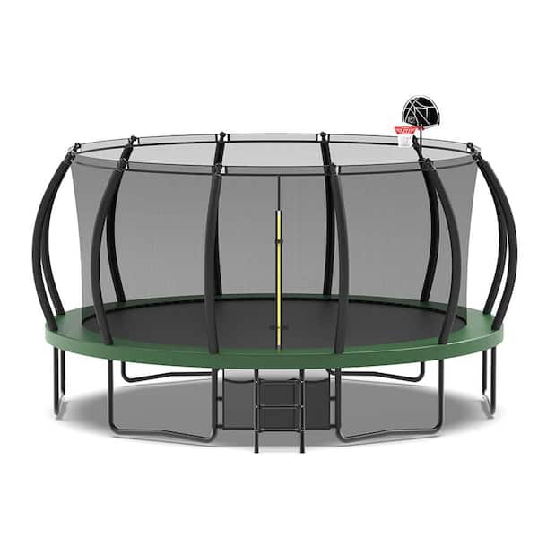 SUNRINX 16 ft. Green Round Trampoline with Enclosure Net and Basketball Hoop