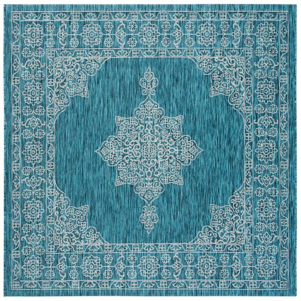 SAFAVIEH Courtyard Teal/Ivory 7 ft. x 7 ft. Indoor/Outdoor Square Area Rug