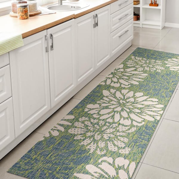 JONATHAN Y Zinnia Modern Floral Textured Weave Cream/Green 2 ft. x 8 ft. Indoor/Outdoor Area Rug
