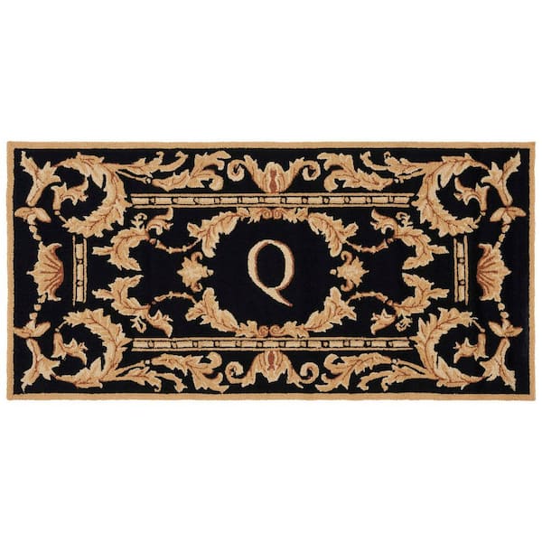 Monogram Black 3 ft. x 6 ft. "Q" Ornate Leaf Indoor/Outdoor Area Rug