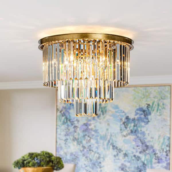 ALOA DECOR 20 in. 10-Light Modern Unique Tiered Crystal Flush Mount Lighting in Matte Gold for Dining Room