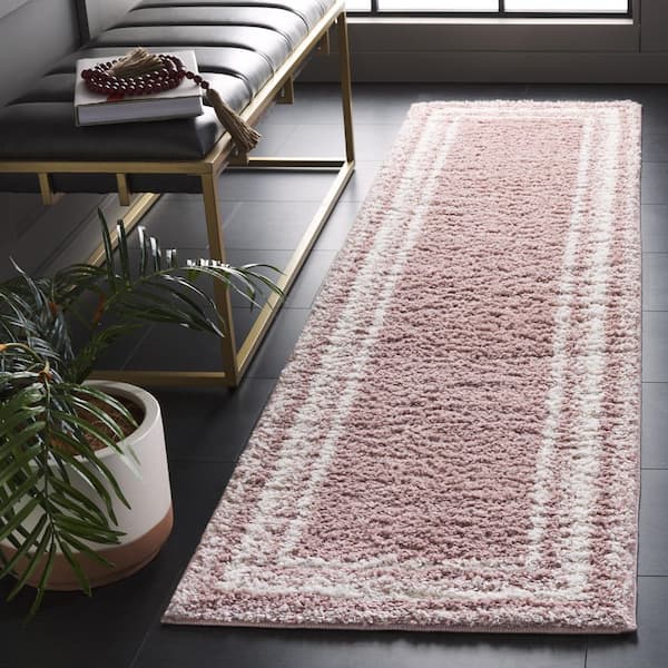 Border and Stripe Shag 2 ft. x 8 ft. Pink/Ivory Concentric Border Runner Rug