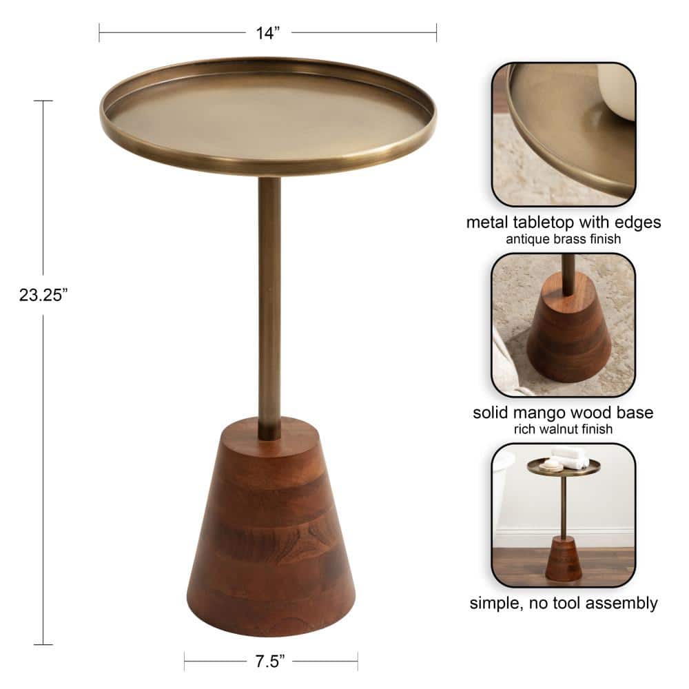 Walnut Brown and Brass Round Side Table with Wood Base