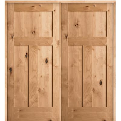 72 in. x 80 in. Rustic Knotty Alder 3-Panel Both Active Solid Core Wood Double Prehung Interior French Door