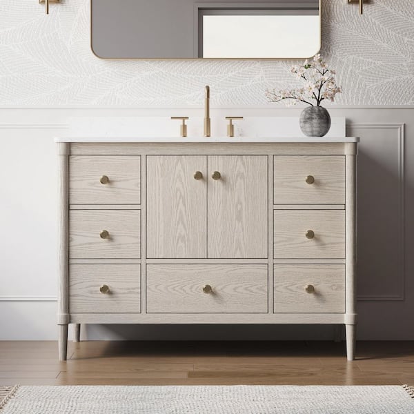 ETHAN 48 in. W x 22 in. D x 35 in. H Freestanding Solid Wood Bath Vanity in OAK with Quartz Top