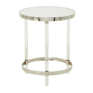 19 in. Silver Large Round Glass End Accent Table with Mirrored Glass Top
