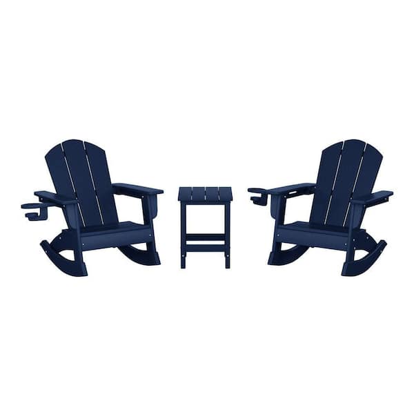 Children's Laguna Navy Blue All Weather Poly Plastic 3-Piece Kids Indoor/ Outdoor Rocking Chairs and Table Set