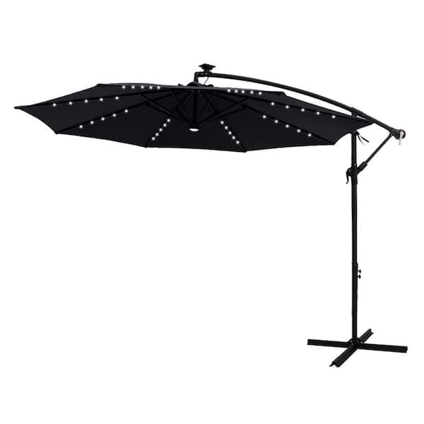 FLAME&SHADE 10 ft. Steel Cantilever Solar Lighted Patio Umbrella with Cross Base Stand in Black Solution Dyed Polyester