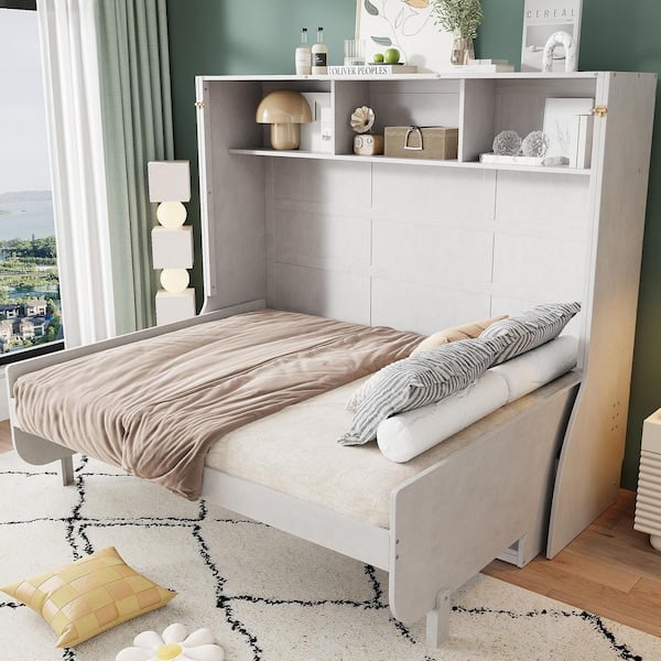 Antique White Wood Frame Full Murphy Bed with Desk, 3-Open Storage Cabinets