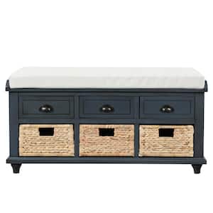 Mariel Blue Rustic Storage Bench with 3-Drawers and 3 Rattan Baskets