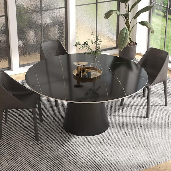 Modern Round Black Lauren Black Gold Stone Top 53.15 in. Black Titanium Stainless Steel Pedestal Dining Table (Seats-4)