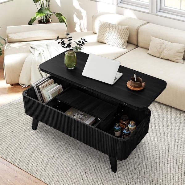 42. 91in. L Black Oval MDF Coffee Table With Built-in Small Panel and Folding Desktop