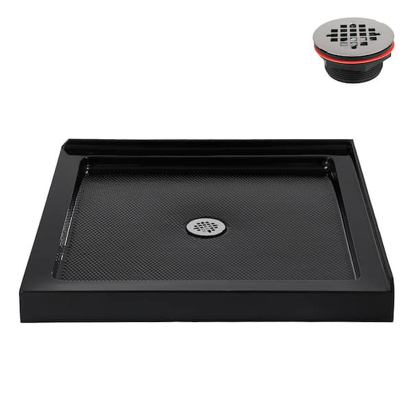 36 in. L x 36 in. W Corner Acrylic Shower Pan Base in Glossy Black with Center Drain, Drain Included