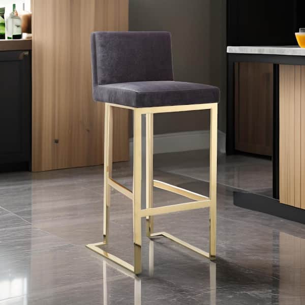 Benjara 30 in. Gray and Gold Low Back Metal Frame Bar Stool with Velvet Seat