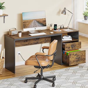59.84 in. Computer Desk with 2-Storage Drawers Power Outlet and Lift Top Rustic Brown