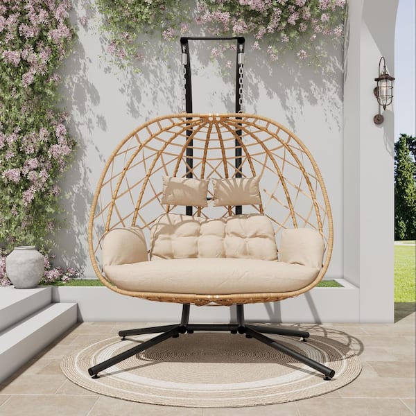 YIYEKE Large 2-Person Beige Wicker Double Porch Swing Egg Chair with Stand and Cushion