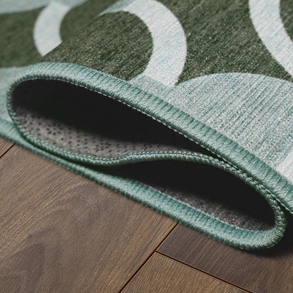 Dark Sage Green Geometric Washable Runner Rug