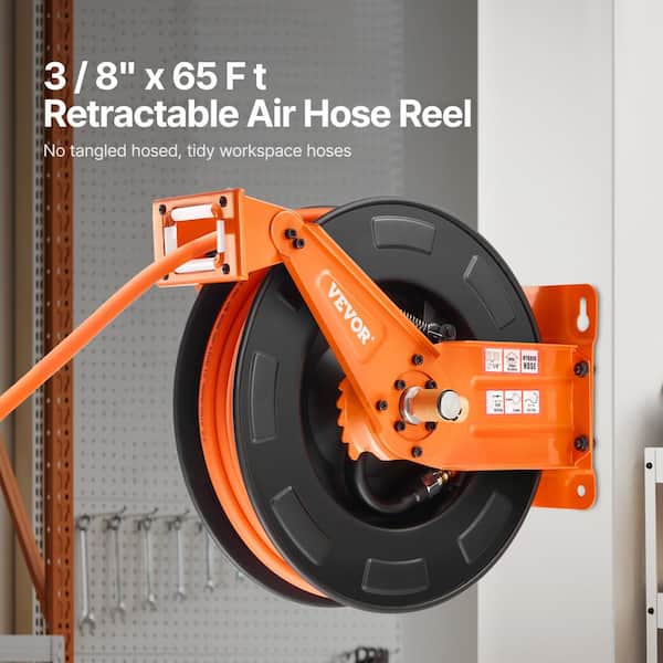 Retractable Air Hose Reel with Double Arms, 3/8 in. x 65ft. Hybrid Air Hose Max 300PSI, Air Compressor Hose Reel